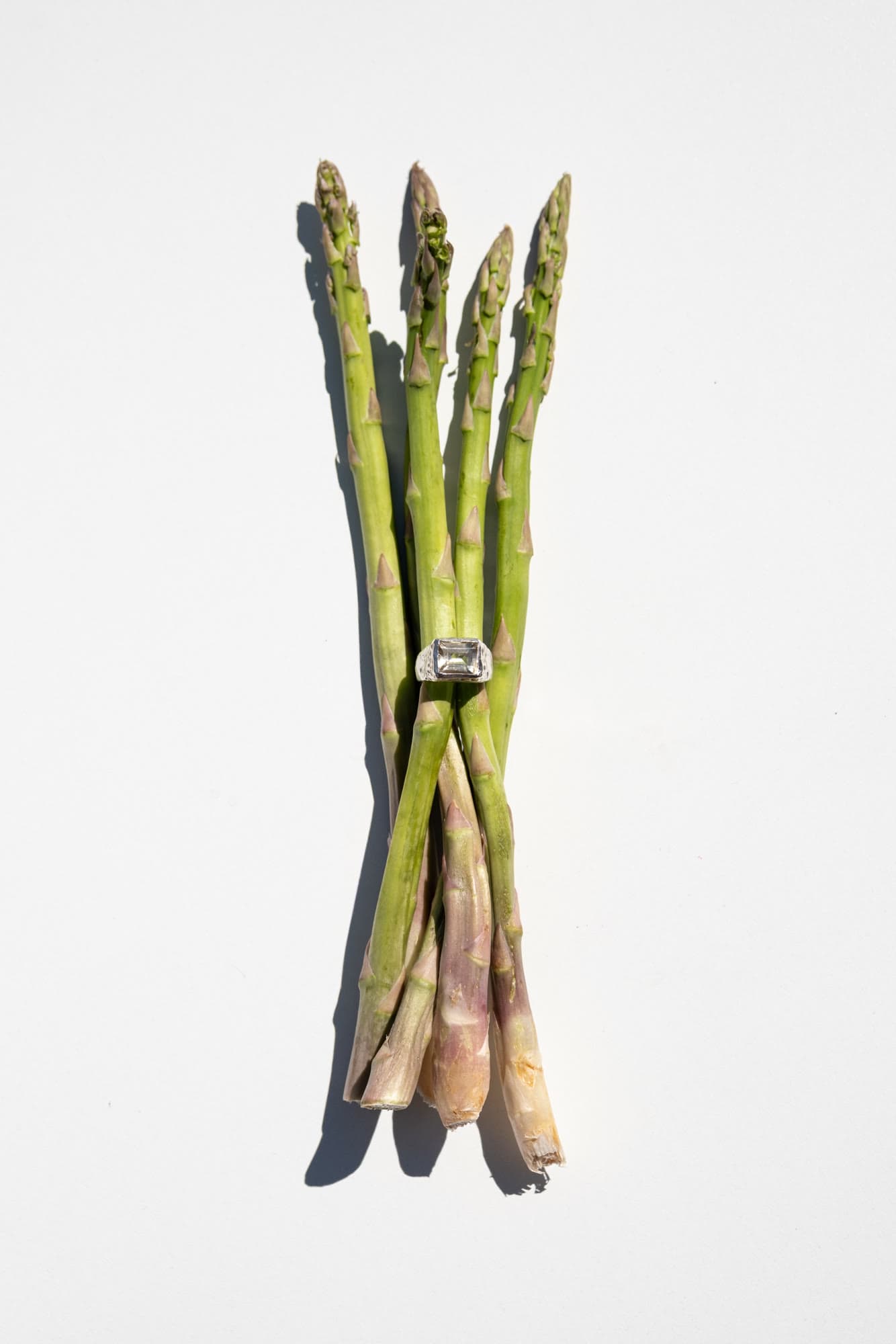 Silver ring styled with asparagus, Calatea Jewelry