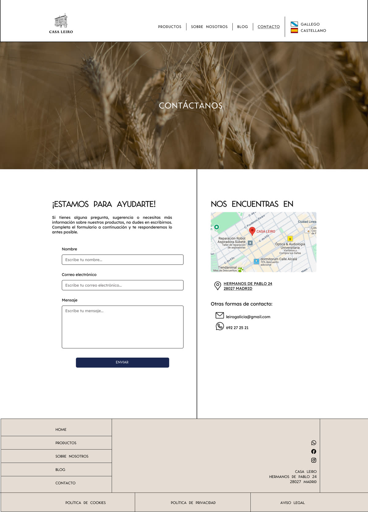 Casa Leiro — Website redesign — Redesigned contact page